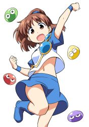 Rule 34 | 1girl, :d, anbe masahiro, arle nadja, arm up, blue skirt, boots, brown eyes, brown hair, compile, creature, leg up, madou monogatari, midriff, navel, open mouth, ponytail, puyo (puyopuyo), puyopuyo, short hair, simple background, skirt, smile, standing, standing on one leg, stomach, white background, wristband