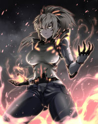 Rule 34 | 1girl, black sclera, blonde hair, breasts, closed mouth, colored sclera, cyborg, female focus, fighting stance, fire, frown, genderswap, genderswap (mtf), genos, glowing, glowing eyes, hair ornament, highres, kurobuchi numama, large breasts, legs apart, long hair, one-punch man, open fly, open pants, pants, ponytail, shirt, sleeveless, smoke, solo, standing, t-shirt, torn clothes, torn shirt, underbust, unzipped, yellow eyes, zipper