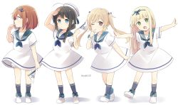 Rule 34 | 4girls, :o, aged down, ahoge, anchor hair ornament, blonde hair, bloomers, blue eyes, blue neckerchief, braid, brown hair, dress, finger to mouth, green eyes, hair ornament, hair over shoulder, hair ribbon, hairband, hat, highres, kantai collection, kneehighs, light brown hair, long hair, looking at viewer, looking to the side, mini flag, multiple girls, murasame (kancolle), neckerchief, one eye closed, outstretched arms, ribbon, sailor collar, sailor dress, sailor hat, salute, shigure (kancolle), shiratsuyu (kancolle), shoes, short hair, short sleeves, simple background, single braid, socks, spread arms, twintails, twitter username, underwear, white background, white bloomers, white dress, yukichi (eikichi), yuudachi (kancolle)