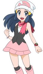 Rule 34 | 1girl, :d, beanie, black hair, boots, bracelet, commentary request, creatures (company), dawn (pokemon), eyelashes, game freak, grey eyes, hainchu, hair ornament, hairclip, hat, highres, jewelry, long hair, looking at viewer, nintendo, open mouth, over-kneehighs, pink footwear, pink scarf, pink skirt, pokemon, pokemon (anime), pokemon dppt (anime), poketch, scarf, shirt, sidelocks, simple background, skirt, sleeveless, sleeveless shirt, smile, solo, thighhighs, tongue, watch, white background, white hat, wristwatch