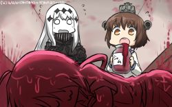 Rule 34 | 3girls, :3, abyssal ship, aircraft carrier water oni, black gloves, brown hair, commentary request, dated, flying sweatdrops, gloves, hair ornament, hallway, hamu koutarou, headgear, highres, jam, jar, kako (kancolle), kantai collection, long hair, multiple girls, neckerchief, o o, open mouth, sleeping, teruyof, turtleneck, white hair, yukikaze (kancolle)