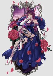 Rule 34 | 1girl, bare shoulders, breasts, cleavage, dress, elbow gloves, fascinator, fire emblem, fire emblem engage, flower, gloves, hair ornament, highres, ivy (fire emblem), jewelry, large breasts, long hair, looking at viewer, mole, mole under mouth, nintendo, petals, purple eyes, purple hair, rose, rose petals, schereas, solo, very long hair, white gloves