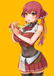 Rule 34 | 1girl, absurdres, ascot, black thighhighs, blush, bodystocking, breasts, burger, cheese trail, cleavage, commentary request, covered navel, cowboy shot, eating, food, food in mouth, gradient hair, hair ribbon, heterochromia, highres, holding, holding food, hololive, houshou marine, jacket, large breasts, long hair, looking at viewer, multicolored hair, ootsuka you, pleated skirt, purple hair, red ascot, red eyes, red hair, red jacket, red ribbon, red skirt, revision, ribbon, see-through, see-through cleavage, simple background, skirt, sleeveless, sleeveless jacket, solo, standing, thighhighs, twintails, virtual youtuber, yellow background, yellow eyes, zettai ryouiki