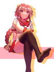 Rule 34 | 1boy, alternate eye color, arm support, arms behind back, astolfo (fate), astolfo (sailor paladin) (fate), bad id, bad pixiv id, badamon, black thighhighs, bow, braid, closed mouth, commentary, crop top, crossed legs, drop shadow, fate/apocrypha, fate/grand order, fate (series), feet, hair between eyes, hair bow, highres, invisible chair, leg up, light rays, lips, long hair, looking at viewer, male focus, miniskirt, neckerchief, no shoes, official alternate costume, panties, pantyshot, pink hair, pleated skirt, raised eyebrows, red eyes, red neckerchief, red sailor collar, red skirt, sailor collar, school uniform, seamed legwear, serafuku, shirt, short sleeves, sidelocks, simple background, single braid, sitting, skirt, sleeve cuffs, smile, soles, solo, thighhighs, toes, trap, underwear, upskirt, very long hair, white background, white panties, white shirt, yellow bow