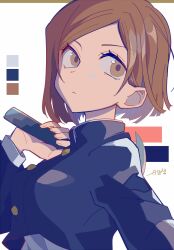 Rule 34 | 1girl, auko, black jacket, breasts, brown eyes, brown hair, buttons, color guide, commentary request, frown, hammer, highres, holding, holding hammer, jacket, jujutsu kaisen, kugisaki nobara, large breasts, looking at viewer, short hair, signature, simple background, solo, upper body, white background