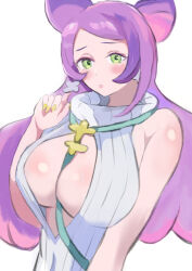 Rule 34 | 1girl, between breasts, blush, breasts, cleavage cutout, clothing cutout, creatures (company), earrings, eyeshadow, game freak, green eyes, jewelry, large breasts, long hair, makeup, miriam (pokemon), nintendo, pink hair, pink lips, pokemon, pokemon sv, purple hair, solo, stethoscope, sweater, turtleneck, turtleneck sweater, upper body, user ykre4325, yellow nails