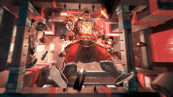 Rule 34 | alternate costume, baggy pants, black hair, boots, brian (gyee), falling, fire, gun, gyee, highres, looking at viewer, male focus, mature male, multiple boys, muscular, muscular male, non-web source, official alternate costume, official art, pants, rock, rocket, scar, scar on face, short hair, skirt, sparkle, spiked hair, spikes, thighs, tooboshoo, weapon