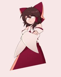 Rule 34 | 1girl, :/, bow, brown hair, closed mouth, commentary, detached sleeves, english commentary, grey background, hair bow, hair tubes, hakurei reimu, highres, kappce, looking to the side, medium hair, mole, mole under eye, red bow, red skirt, simple background, skirt, solo, touhou, wide sleeves