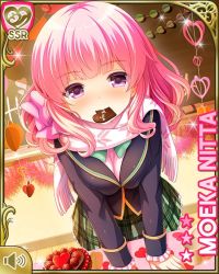 Rule 34 | 1girl, blue jacket, bow, button, cake, card, chalkboard, character name, envelope, food, food in mouth, girlfriend (kari), green bow, green skirt, indoors, jacket, nitta moeka, official art, pink bow, pink hair, plaid, plaid skirt, purple eyes, qp:flapper, scarf, school, shirt, short hair, skirt, smile, solo, sunset, valentine, white shirt