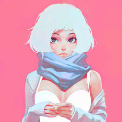 Rule 34 | 1girl, bad id, bad tumblr id, blue eyes, breasts, cleavage, dress, ilya kuvshinov, lips, long sleeves, looking at viewer, off shoulder, original, pink background, scarf, short hair, simple background, solo, upper body, white dress, white hair