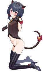 Rule 34 | 1girl, anal tail, animal ears, animal print, bad id, bad pixiv id, black footwear, black gloves, black hair, black vest, blush, bottomless, breasts, butt plug, cat ears, cat tail, commentary request, fake animal ears, fake tail, female pubic hair, from side, gloves, hair ribbon, hands up, high heels, highres, idolmaster, idolmaster shiny colors, kneeling, leopard print, looking to the side, medium hair, miito (meeeeton333), morino rinze, navel, parted lips, paw pose, print neckwear, pubic hair, red eyes, red ribbon, ribbon, sex toy, simple background, small breasts, solo, striped clothes, striped thighhighs, tail, thighhighs, vest, white background