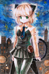 Rule 34 | 00s, 1girl, acrylic paint (medium), animal ears, bad id, bad pixiv id, black pantyhose, cat ears, cat girl, cat tail, female focus, green eyes, kidanieru, necktie, outdoors, painting (medium), pantyhose, sanya v. litvyak, short hair, sky, solo, star (symbol), strike witches, tail, traditional media, world witches series