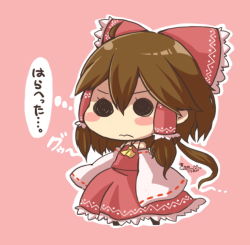 Rule 34 | 1girl, ahoge, bad id, bad pixiv id, blush stickers, brown hair, chibi, detached sleeves, hair ribbon, hair tubes, hakurei reimu, hungry, japanese clothes, miko, ribbon, same anko, solid circle eyes, solo, stomach growling, thought bubble, touhou, translated, wide sleeves