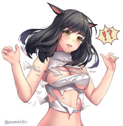 Rule 34 | !?, 10s, 1girl, anmi, aruma jiki, black hair, blush, breasts, cleavage, final fantasy, final fantasy xiv, long hair, miqo&#039;te, navel, open mouth, simple background, solo, sweatdrop, torn clothes, twitter username, warrior of light (ff14), white background, yellow eyes