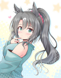 Rule 34 | 1girl, alternate costume, animal ears, aqua sweater, bare shoulders, black hair, closed mouth, commentary request, detached sleeves, ear ornament, from side, green eyes, hair between eyes, hair ornament, heart, highres, horse ears, horse girl, long hair, long sleeves, looking at viewer, multicolored hair, ponytail, satono crown (umamusume), shizuna kaede, simple background, solo, streaked hair, sweater, umamusume, white background, white hair
