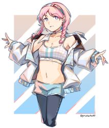 Rule 34 | 1girl, arknights, black pants, blue background, blue eyes, blue poison (arknights), blue poison (shoal beat) (arknights), blue shorts, border, braid, breasts, choker, cleavage, collarbone, commentary, cropped legs, feet out of frame, graysheartart, hairband, hands up, highres, jacket, leggings, long hair, long sleeves, looking at viewer, medium breasts, navel, off shoulder, official alternate costume, pants, parted lips, pink background, pink hair, shorts, sleeves past wrists, small breasts, smile, solo, sports bra, stomach, striped, striped background, teeth, twin braids, twitter username, white border, white jacket, white sports bra