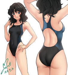 Rule 34 | 1girl, adjusting hair, amagami, arms up, ass, back, back cutout, black hair, black one-piece swimsuit, blue one-piece swimsuit, breasts, clenched teeth, clothing cutout, collarbone, commission, competition swimsuit, curly hair, dated, from behind, grey eyes, hand on own hip, highleg, highleg swimsuit, highres, looking at viewer, medium hair, messy hair, multicolored clothes, multicolored swimsuit, multiple views, navel, one-piece swimsuit, pixiv commission, sideboob, signature, simple background, small breasts, standing, swimsuit, tanamachi kaoru, teeth, thighs, wavy hair, white background, yoo tenchi