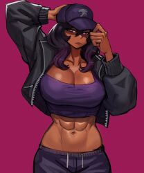 Rule 34 | 1girl, abs, absurdres, adjusting clothes, adjusting headwear, baseball cap, breasts, cleavage, dark skin, ezzydraws, frown, hat, highres, jacket, large breasts, long hair, looking at viewer, open clothes, open jacket, original, pants, pink background, pink eyes, purple hair, solo, tank top, toned, track jacket, track pants