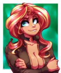 Rule 34 | 1girl, absurdres, breasts, choker, cleavage, crossed arms, drizziedoodles, ear piercing, eyeshadow, freckles, freckles on breasts, hasbro, highres, jacket, large breasts, leather, leather jacket, looking at viewer, makeup, mascara, my little pony, my little pony: equestria girls, my little pony: friendship is magic, nail polish, nose piercing, piercing, smile, sunset shimmer, zipper