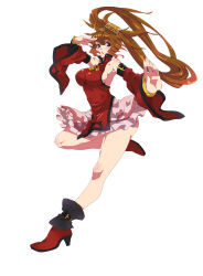 Rule 34 | 1girl, absurdres, arc system works, breasts, brown hair, china dress, chinese clothes, dress, fighting stance, full body, guilty gear, highres, kuradoberi jam, long hair, makai, red eyes, sideboob, simple background, solo, translation request, white background