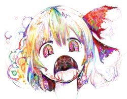 Rule 34 | 1girl, bad id, bad pixiv id, blood, blood in mouth, blood on mouth, colorful, en (itumo nemui), fangs, female focus, open mouth, portrait, rumia, sketch, slit pupils, solo, touhou