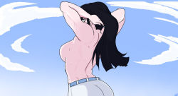 Rule 34 | 1girl, adjusting hair, angry, arched back, armpits, arms up, artist request, ass, back, belt, black hair, boots, breasts, closed mouth, cloud, collarbone, day, exhibitionism, eyebrows, eyelashes, female focus, fingernails, from behind, hair ornament, hellonearth-iii, high heel boots, high heels, hime cut, huge ass, kill la kill, kiryuuin satsuki, large breasts, legs, long hair, looking at viewer, muscular, muscular female, neck, nipples, no bra, no shirt, outdoors, public indecency, purple eyes, shiny skin, shoulder blades, sideboob, sidelocks, skin tight, skirt, sky, standing, straight hair, thigh boots, thighhighs, thighs, tight skirt, topless, trigger (company), turning head, upper body, white skirt, white thighhighs