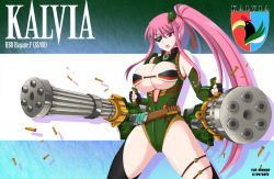 Rule 34 | 1girl, breasts, commentary request, dual wielding, eyepatch, fingerless gloves, gatling gun, gloves, gun, hat, holding, kalvia, large breasts, long hair, open mouth, original, pink eyes, pink hair, ponytail, solo, the-sinner, very long hair, weapon