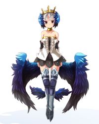 Rule 34 | 1girl, arms at sides, bad id, bad pixiv id, bare shoulders, gwendolyn (odin sphere), highres, leg wings, looking at viewer, low wings, odin sphere, pteruges, ryogo, short hair, simple background, solo, thighhighs, white background, wings