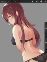 Rule 34 | 1girl, ass, back, bare shoulders, bikini, black bikini, blush, breasts, brown hair, butt crack, closed mouth, grey background, highres, idolmaster, idolmaster shiny colors, large breasts, long hair, looking at viewer, looking back, misekai 555, osaki amana, simple background, smile, solo, swept bangs, swimsuit, yellow eyes