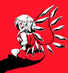 Rule 34 | 1girl, ariyoshi gen, bad id, bad pixiv id, blood, blood in hair, blood on face, embodiment of scarlet devil, female focus, flandre scarlet, from side, highres, monochrome, ponytail, red background, red eyes, red theme, short hair, side ponytail, sitting, solo, spot color, touhou, wings