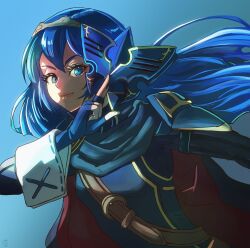 Rule 34 | amamiya ren, atlus, belt, blue background, blue eyes, blue hair, cape, crests (fire emblem), cuffs, eyelashes, fingerless gloves, fire emblem, fire emblem awakening, gloves, highres, holding, holding mask, intelligent systems, long hair, long sleeves, looking at viewer, lucina (fire emblem), mask, nintendo, persona, persona 5, pose imitation, smile, stoic seraphim, tiara, trait connection, wrist cuffs