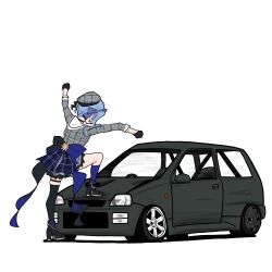 Rule 34 | 1girl, absurdres, ankle boots, arms up, beret, black car, black footwear, black gloves, black ribbon, black thighhighs, blue bow, blue hair, blue ribbon, blue socks, boots, bow, car, clenched hands, frilled skirt, frills, from behind, gloves, grey hat, grey jacket, grey skirt, hair bow, hat, high heel boots, high heels, highres, hololive, hoshimachi suisei, hoshimachi suisei (1st costume), jacket, kicking, kneehighs, large bow, looking at object, miniskirt, motor vehicle, on vehicle, photo-referenced, plaid, plaid headwear, plaid jacket, plaid skirt, ribbon, sidelocks, simple background, single kneehigh, single sock, single thighhigh, skirt, skirt set, sleeves past elbows, socks, solo, standing, subaru (brand), subaru rex, thigh strap, thighhighs, vehicle focus, virtual youtuber, waist bow, white background, wine (kinakomochi rip)