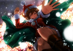 Rule 34 | 1girl, alternate costume, arms up, backlighting, boots, breath, brown eyes, brown hair, cape, dutch angle, falling, hat, lights, looking at viewer, meiko (vocaloid), museum2088, night, reaching, reaching towards viewer, santa costume, santa hat, short hair, smile, snow, solo, vocaloid