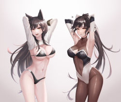 Rule 34 | 2girls, :d, animal ear fluff, animal ears, armpits, arms behind back, arms behind head, arms up, atago (azur lane), atago (stunning speedster) (azur lane), azur lane, bikini, black bikini, black hair, blush, bodystocking, bodysuit, bow, breasts, brown eyes, center opening, cleavage, cleavage cutout, clothing cutout, collarbone, contrapposto, covered navel, cowboy shot, dancing, elbow gloves, gloves, hair bow, highres, kie (wylee2212), large breasts, long hair, looking at viewer, me!me!me!, me!me!me! dance (meme), meme, multiple girls, navel, no pants, official alternate costume, open mouth, orange eyes, pantyhose, parted lips, ponytail, race queen, shrug (clothing), simple background, smile, standing, stomach, string bikini, swimsuit, takao (azur lane), takao (full throttle charmer) (azur lane), thighs, very long hair, white background