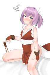 Rule 34 | 1girl, absurdres, arm guards, blue eyes, cosplay, cowboy shot, dated, fatal fury, folded fan, folding fan, hand fan, highres, invisible chair, japanese clothes, kantai collection, maru (marg0613), name connection, pelvic curtain, pink hair, ponytail, revealing clothes, shiranui (kancolle), shiranui mai, shiranui mai (cosplay), short hair, simple background, sitting, solo, the king of fighters, twitter username, white background