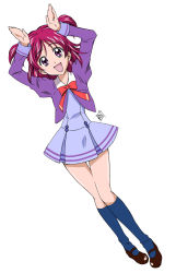 Rule 34 | 00s, 1girl, :d, arms up, blue socks, caramelldansen, dancing, dutch angle, eyelashes, kneehighs, open mouth, pigeon-toed, pink eyes, pink hair, ponpon, precure, purple skirt, rabbit pose, school uniform, short hair, simple background, skirt, smile, socks, solo, twintails, two side up, white background, yes! precure 5, yumehara nozomi
