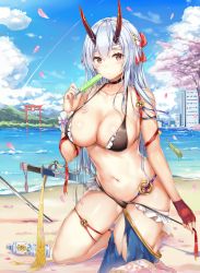 Rule 34 | 1girl, absurdres, arm strap, bare shoulders, barefoot, beach, bikini, black bikini, blue sky, blush, bottle, bow, breasts, building, cherry blossoms, choker, cleavage, cloud, collarbone, covered erect nipples, day, fate/grand order, fate (series), fingerless gloves, food, frilled bikini, frills, gloves, groin, hair between eyes, hair ribbon, halterneck, headband, highres, holding, holding food, horns, kiriko (araragikoyomi), kneeling, large breasts, long hair, looking at viewer, navel, ocean, oni horns, outdoors, petals, ponytail, popsicle, red bow, red eyes, red gloves, red ribbon, ribbon, sheath, silver hair, single fingerless glove, skindentation, sky, solo, stomach, swimsuit, sword, thigh strap, thighs, tomoe gozen (fate), torii, untied bikini, very long hair, weapon, wrist ribbon