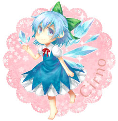 Rule 34 | 1girl, barefoot, blue eyes, blue hair, bow, character name, cirno, colored eyelashes, doily, full body, hair bow, highres, ice, matching hair/eyes, mise yuzuki, no nose, short hair, simple background, smile, solo, sparkle, touhou