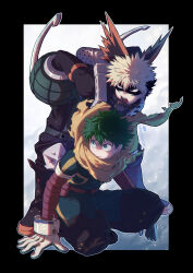 Rule 34 | 2boys, alternate eye color, arms at sides, artist name, baggy pants, bakugou katsuki, behind another, belt, belt pouch, bent over, black border, black footwear, black mask, black pants, blonde hair, blue background, blue bodysuit, blue eyes, blue gloves, bodysuit, boku no hero academia, boots, border, buckle, canister, cape, cel shading, chromatic aberration, colored shoe soles, combat boots, commentary, explosive, eye mask, film grain, floating cape, freckles, frown, full body, gloves, green hair, grenade, hair between eyes, hand on floor, hand on ground, hand on own hip, headgear, high collar, highres, knee boots, knee pads, leaning forward, legs apart, light, looking to the side, male focus, midoriya izuku, multicolored background, multiple boys, official alternate costume, open mouth, orange gloves, outline, outside border, pants, pixiv username, pouch, red belt, red eyes, remsor076, sanpaku, serious, short hair, sidelighting, single horizontal stripe, single vertical stripe, snap-fit buckle, spiked hair, squatting, torn cape, torn clothes, turning head, twitter username, two-tone bodysuit, two-tone gloves, utility belt, v-shaped eyebrows, white background, white gloves, white outline, yellow bodysuit, yellow cape