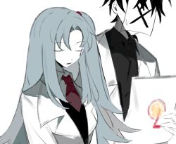 Rule 34 | 1boy, 1girl, angela (project moon), black hair, black shirt, black vest, blue hair, chinese commentary, closed eyes, coat, coattails, collared shirt, commentary request, company logo, covered face, expressionless, highres, holding, holding paper, lab coat, lobotomy corporation, long hair, long sleeves, necktie, one side up, open clothes, open coat, open mouth, paper, paper on head, paper stack, ponytail holder, project moon, red necktie, shirt, short hair, sweatdrop, tiankong yiji, upper body, v-neck, vest, white background, white coat, white shirt, x, x (project moon)