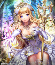 Rule 34 | 1girl, bare shoulders, blonde hair, blue eyes, breasts, cleavage, elbow gloves, esphy, gate of dimension, gloves, hat, jewelry, large breasts, long hair, lots of jewelry, necklace, official art, parted lips, reaching, reaching towards viewer, solo, staff, stained glass, thighhighs