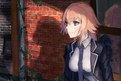 Rule 34 | 1girl, black jacket, blonde hair, braid, breasts, closed mouth, collared shirt, fate/apocrypha, fate (series), hair between eyes, ivy, jacket, jeanne d&#039;arc (fate), jeanne d&#039;arc (girl from orleans) (fate), jeanne d&#039;arc (ruler) (fate), light particles, long sleeves, medium breasts, necktie, purple eyes, purple necktie, rean (r ean), reflection, shirt, single braid, solo, standing, white shirt, window, wing collar