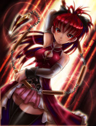 Rule 34 | 10s, 1girl, bare shoulders, black thighhighs, boken fantasy, breasts, chain, detached sleeves, dress, dutch angle, female focus, frills, gradient background, highres, long hair, magical girl, mahou shoujo madoka magica, mahou shoujo madoka magica (anime), pleated skirt, polearm, ponytail, red hair, sakura kyoko, skin tight, skirt, smile, solo, spear, thighhighs, weapon