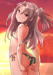 Rule 34 | 1girl, alternate costume, ass, bikini, breasts, brown eyes, cowboy shot, from behind, fuji (pixiv24804665), gradient sky, green bikini, grey hair, hachimaki, headband, high ponytail, highres, kantai collection, long hair, looking at viewer, looking back, orange sky, outdoors, sky, small breasts, solo, standing, striped bikini, striped clothes, sun, sunset, swimsuit, zuihou (kancolle)
