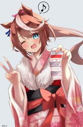 Rule 34 | 1girl, ;d, alternate costume, animal ears, blue eyes, blush, bow, brown hair, floral print, grey background, hair bow, hair flaps, high ponytail, highres, horse ears, horse girl, japanese clothes, kimono, long hair, looking at viewer, multicolored hair, musical note, naonao (sherry), omikuji, one eye closed, open mouth, pink bow, pink kimono, simple background, smile, solo, spoken musical note, streaked hair, tokai teio (umamusume), twitter username, two-tone hair, umamusume, v, white hair