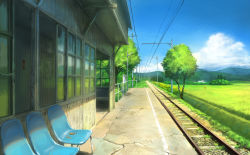 Rule 34 | building, chair, cloud, day, field, grass, no humans, original, railroad tracks, real world location, realistic, scenery, sky, train station, tree, you (shimizu)
