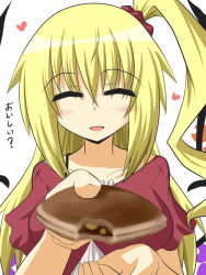 Rule 34 | 1girl, :d, ^ ^, aged up, alternate costume, alternate hair length, alternate hairstyle, blonde hair, blush, casual, closed eyes, dorayaki, feeding, flan-maman (goma), flandre scarlet, food, goma (gomasamune), hair ornament, heart, incoming food, looking at viewer, open mouth, pov, pov feeding, red eyes, side ponytail, simple background, smile, solo, text focus, touhou, translation request, wagashi, white background, wings
