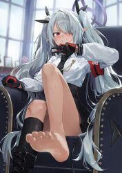Rule 34 | 1girl, absurdres, arm up, armband, black bow, black footwear, black gloves, black necktie, black skirt, black socks, blue archive, boots, bow, collar, collared shirt, couch, cross-laced footwear, dark-skinned female, dark skin, gloves, grey hair, hair bow, hair over one eye, halo, highres, indoors, iori (blue archive), knee boots, kneehighs, leg up, long hair, long sleeves, looking at viewer, necktie, on couch, parted lips, pointy ears, red armband, red eyes, red gloves, shirt, single boot, single kneehigh, single sock, sitting, skirt, socks, solo, suru (seiya), thighs, toes, twintails, two-tone gloves, very long hair, white collar, white shirt