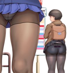 Rule 34 | 1girl, 2girls, ass, backpack, bag, black skirt, blue skirt, blurry, blurry background, blush, brown hair, bus stop sign, clothes lift, commentary request, feet out of frame, from behind, highres, long sleeves, multiple girls, original, orizen, out of frame, panties, panties under pantyhose, pantyhose, pleated skirt, print panties, short hair, simple background, skirt, skirt caught on object, skirt lift, solo, thick thighs, thighhighs, thighs, underwear, upskirt, white background, white panties