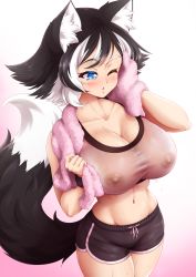 Rule 34 | 1girl, animal ear fluff, animal ears, black hair, black shorts, blush, breasts, cat ears, cat girl, cat tail, cleavage, collarbone, commentary, cowboy shot, dolphin shorts, gradient background, groin, highres, kat (mazume), large breasts, mazume, midriff, mismatched eyebrows, multicolored hair, nipples, no bra, one eye closed, original, parted lips, pink background, shirt, shorts, simple background, solo, streaked hair, sweat, tail, towel, towel around neck, two-tone hair, wet, wet clothes, wet shirt, white background, white hair